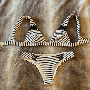 Revolve blue life black and white striped bikini Large